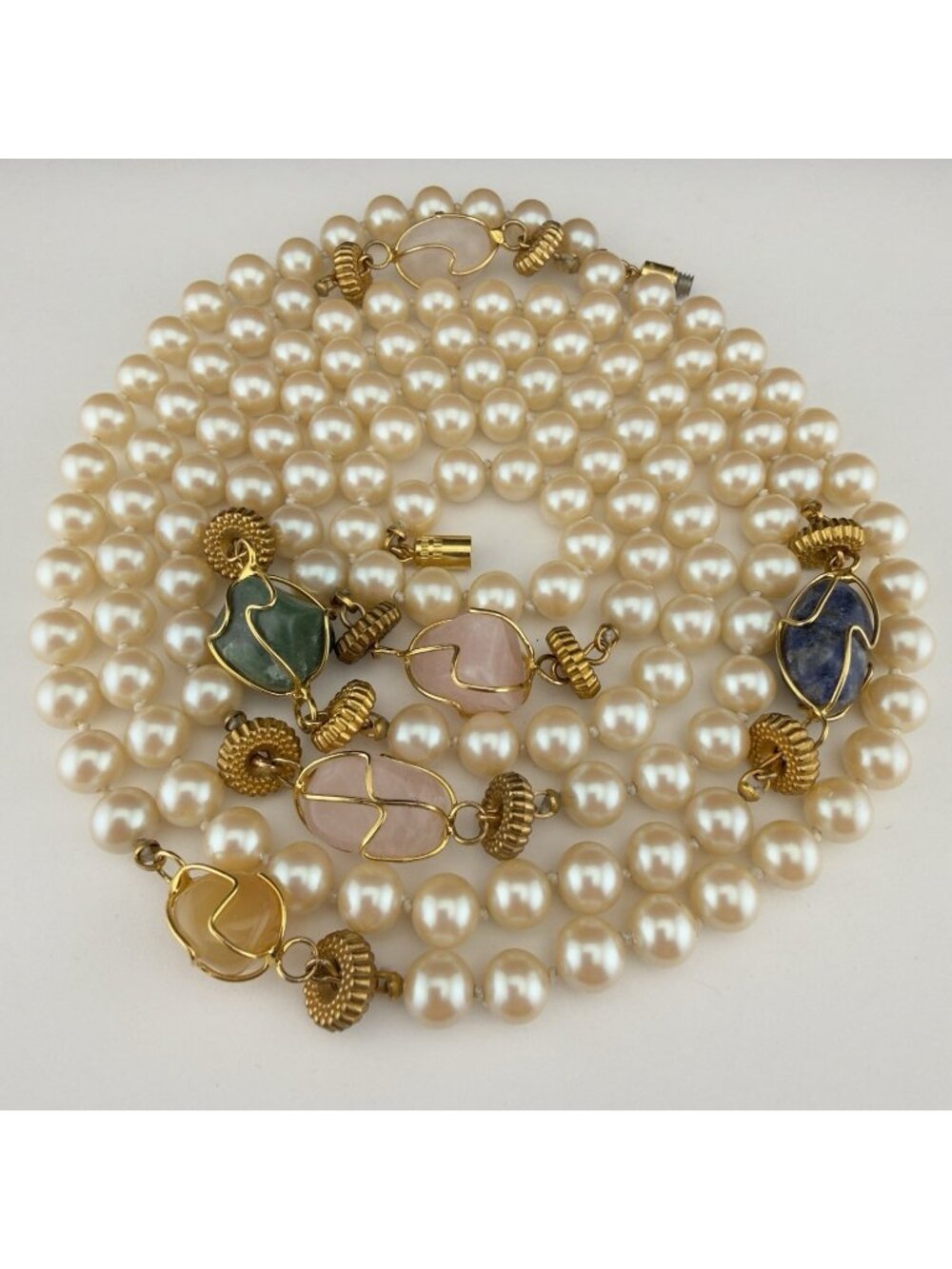 Vintage Faux Pearl Necklace Gold Tone Wire Wrapped Polished Stone Opera 56”